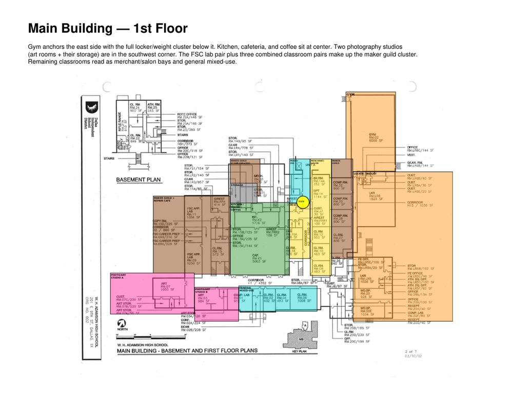 First floor plan of the main building with the proposed program color-coded by room.