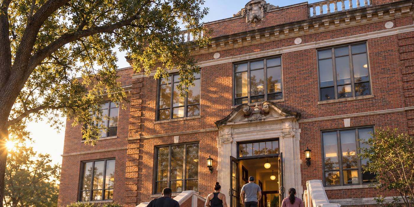 People walking up the front steps of the school in early morning light.