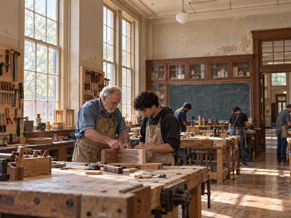 An older man in a work apron showing a teenager a piece of joinery at a workbench, in a former school classroom with a chalkboard behind them.
