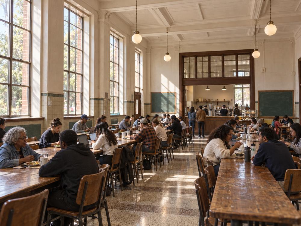 People of different ages eating and working at long communal tables in a former school cafeteria with tall windows and terrazzo floors.
